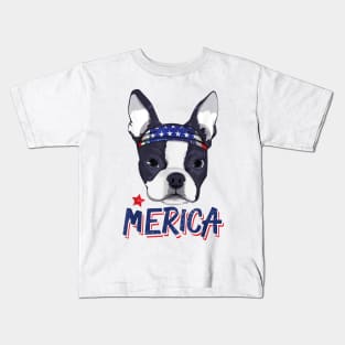 Boston Terrier Merica Bandana USA Flag 4th Of July Kids T-Shirt